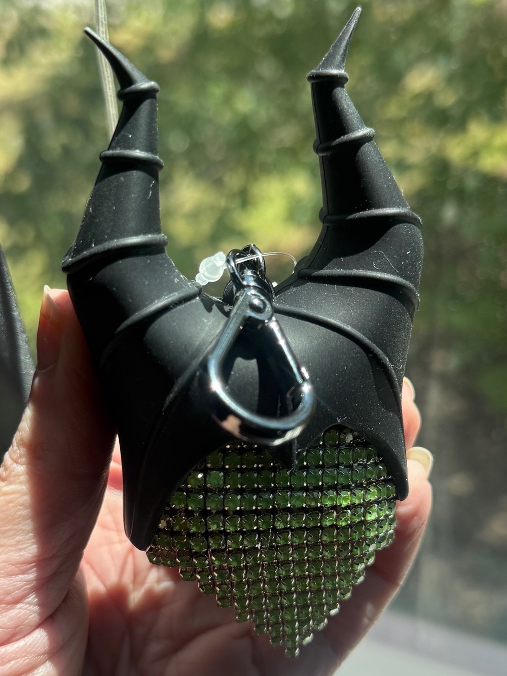 Bath & Body Works Black Horned Heart Keychain with Green Crystal Mesh
